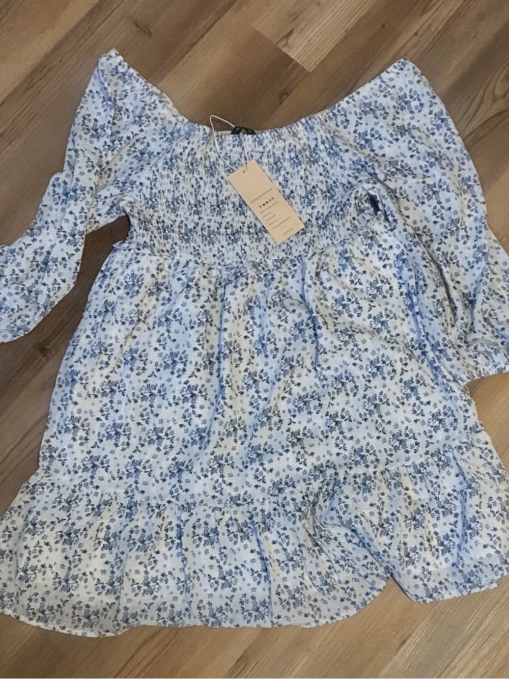 Smocked Off-Shoulder Midi Dress in Light Blue Floral
